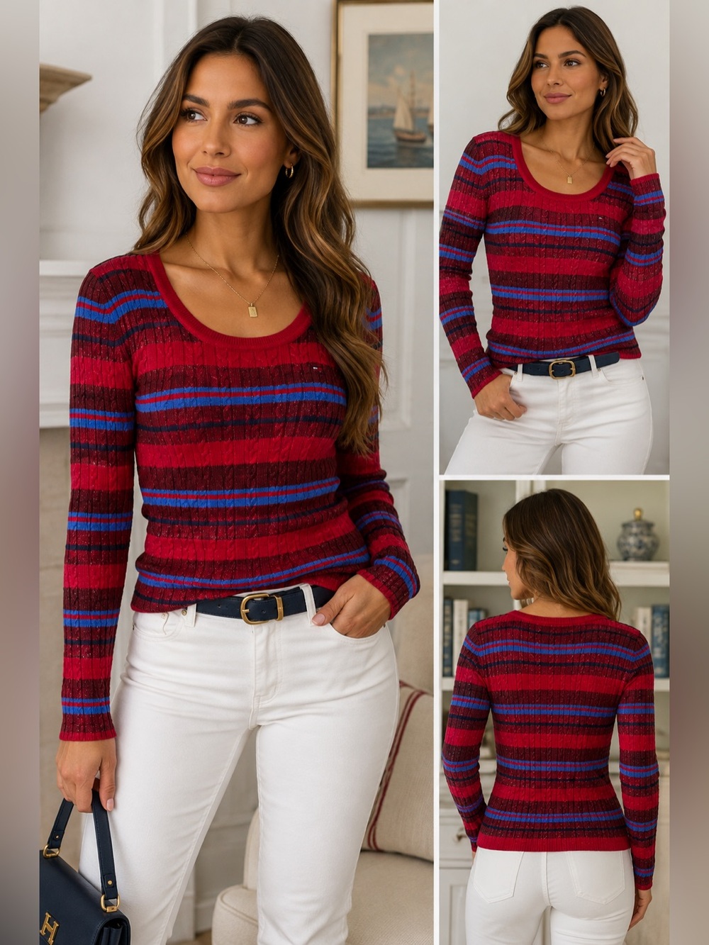 TOMMY HILFIGER Ribbed Cable Knit Metallic Striped Sweater NWOT